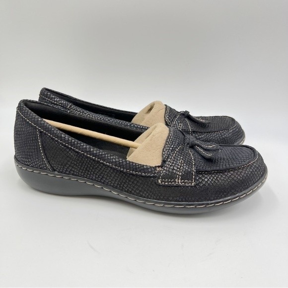 Clarks Women Size 9 Ashland Bubble‎ Snakeskin Print Black Comfort Loafers Shoes - Picture 2 of 12